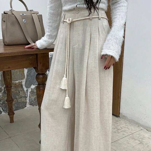 Beige Casual Women's Loose Fit Folded Pleat Wide Leg Pants - Picture 2 of 7